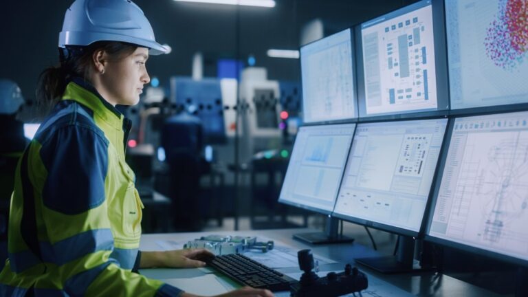 Factory worker viewing 6 large monitors